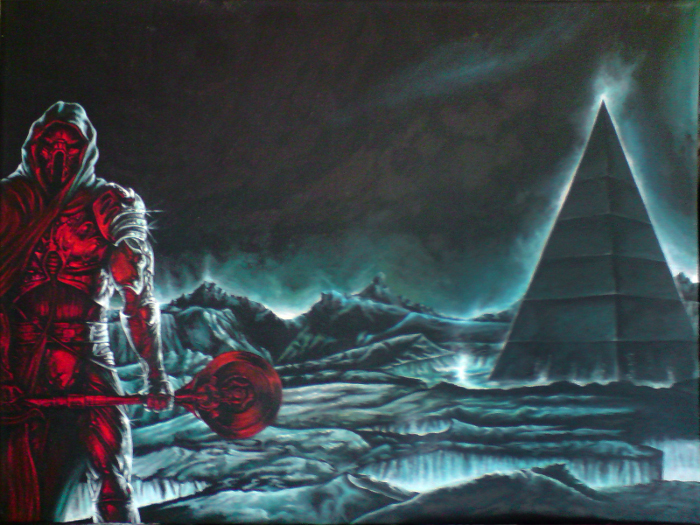 An armed man outside a steep pyramid, in a dark. desolate landscape