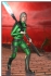A blonde woman, dressed in green and holding a blazing plasma staff weapon, standing on a road against a red sky in a rocky volcanic wilderness. There are bizarre plants behind her.